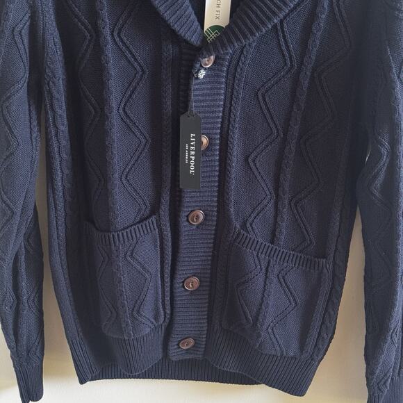 New Liverpool Mens Medium Cable Shawl Collar Cardigan Fisherman Navy Sweater - Picture 3 of 16